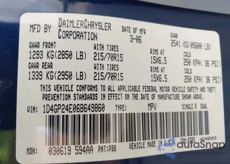 2006 Dodge Grand Caravan Se из США, поврежденный, VIN 1D4GP24E06B649860